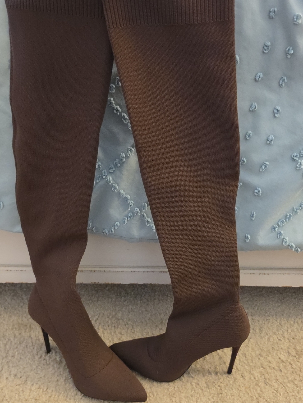 Fashion Nova Brown Stretch Sock Knee-High Stiletto Boots